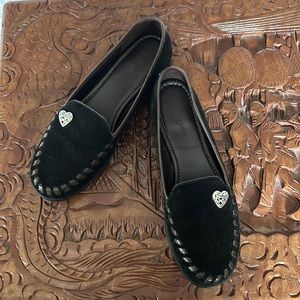 Brighton black suede loafers with brown leather trim. Excellent condition